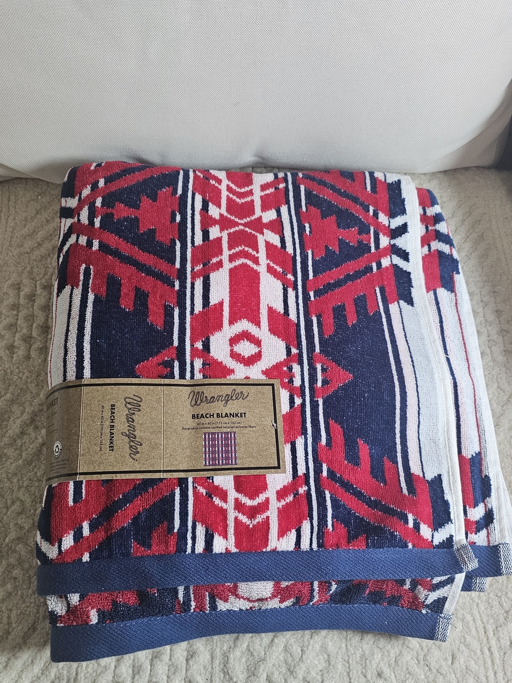 Wrangler Red Navy Southwestern Pattern Beach Blanket Towel New 60x60